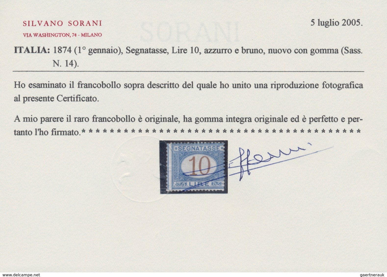01007 Italien - Portomarken: 1874: 10 Lire Postage Due, Blue And Brown, MNH, Signed And Certificate Silvan - Segnatasse