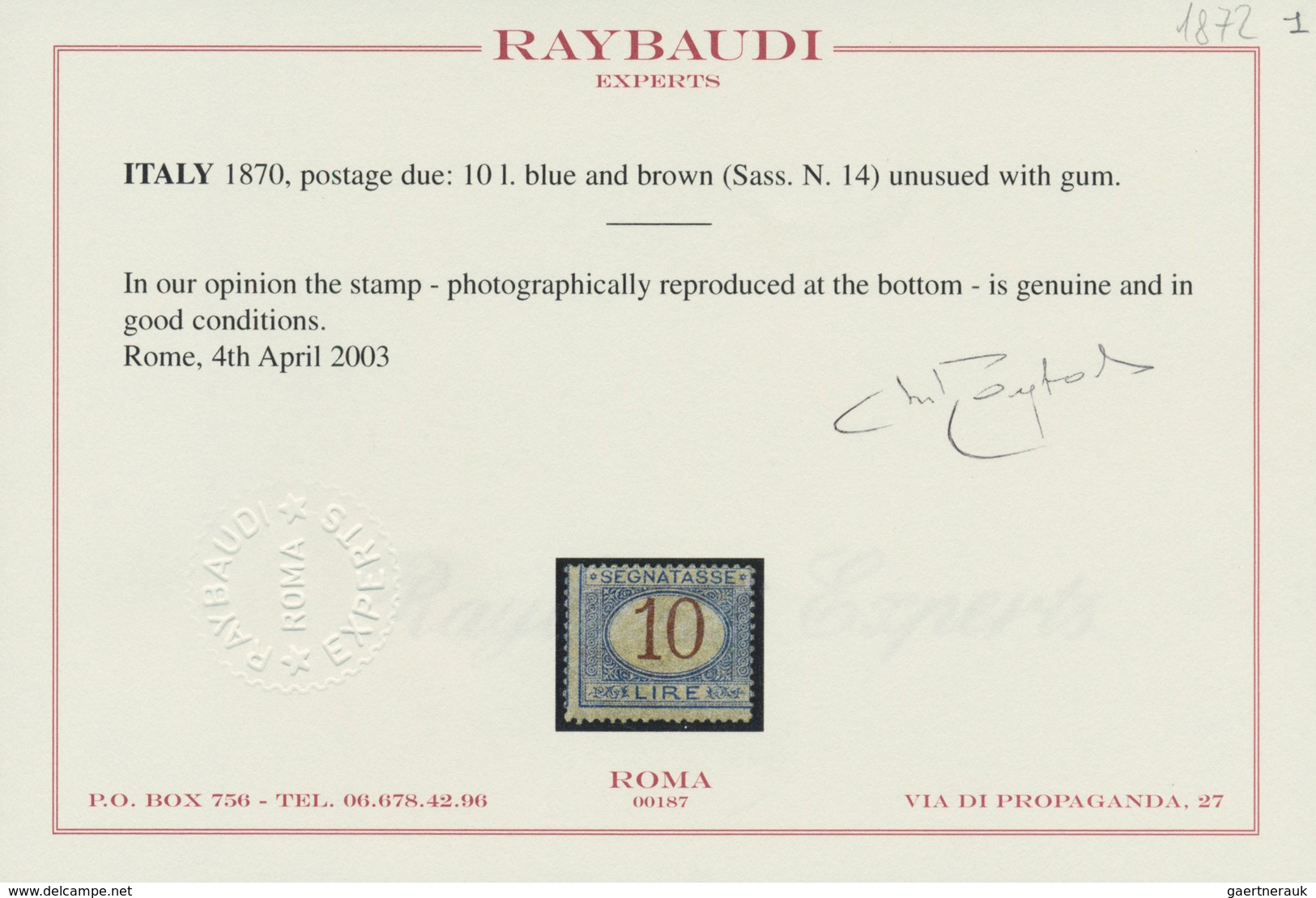 01008 Italien - Portomarken: 1874, 10 Lire Blue And Brown, Mint With Gum, Fine Condition. Certificate Rayb - Taxe