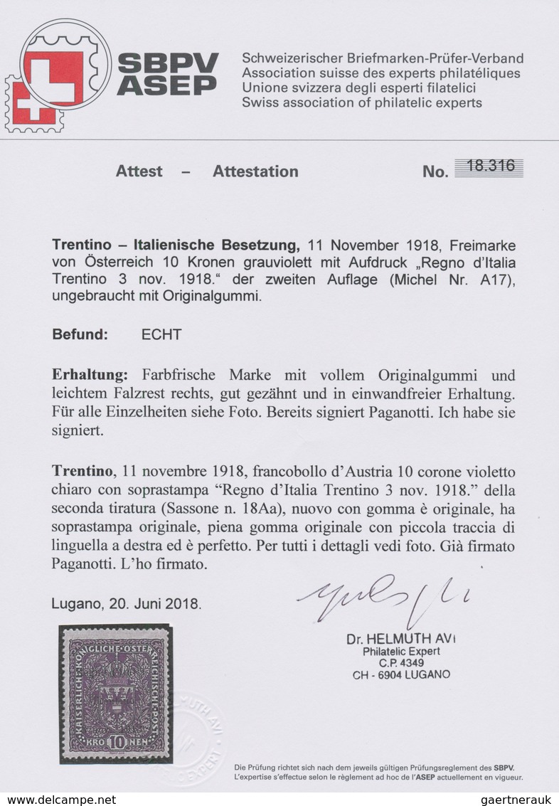 01010 Italienische Besetzung 1918/23 - Trentino: 1918, Austria 10 Kronen Light Violet With "REGNO D'ITALIA - Trente