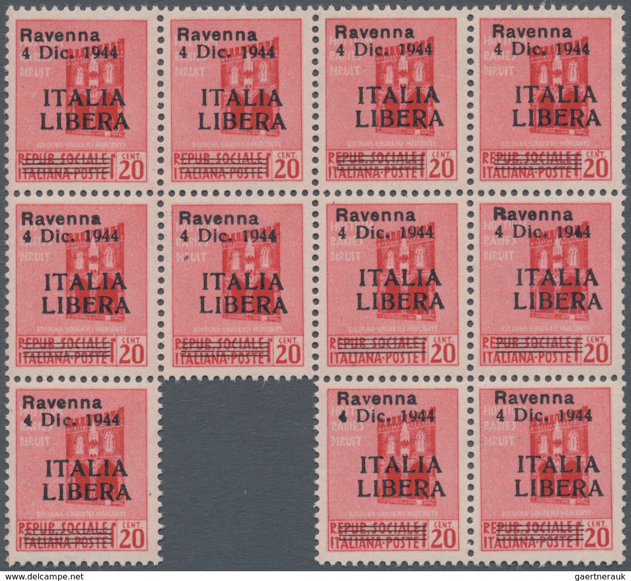 01040 Italien - Lokalausgaben 1944/45 - Ravenna: 1944, 20 C Carmine-rose, Ovp "Ravenna 4 Dic. 1944 - ITALI - Altri & Non Classificati