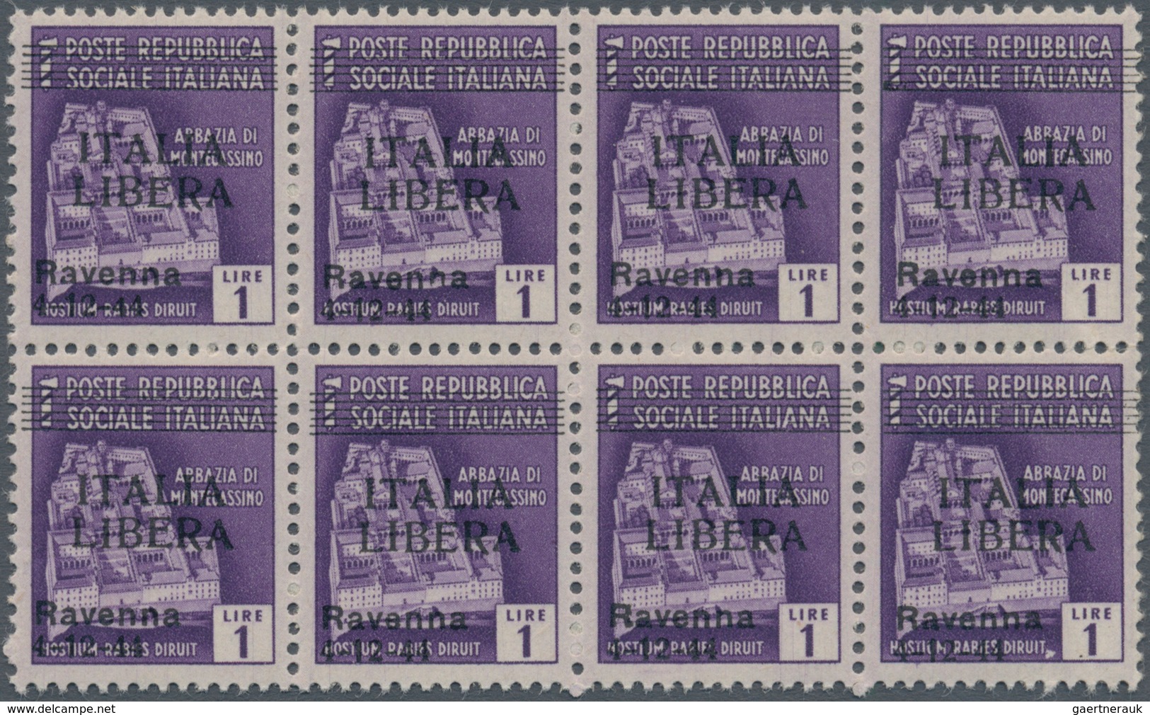 01044 Italien - Lokalausgaben 1944/45 - Ravenna: 1944/1945: 1 Lira "Destroyed Monuments", Block Of Eight, - Autres & Non Classés