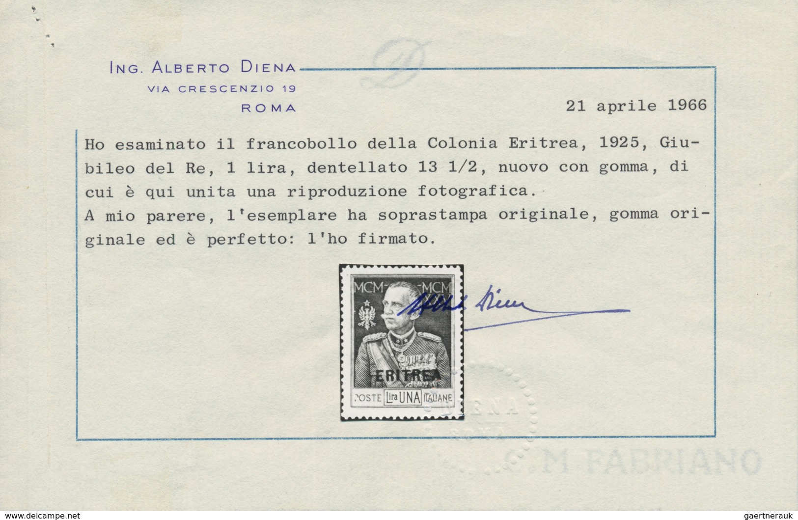 01057 Italienisch-Eritrea: 1925: 1 Lira "Jubilee", Perforated 13 1/2, MNH, Sigend And Certificates A. Dien - Eritrea