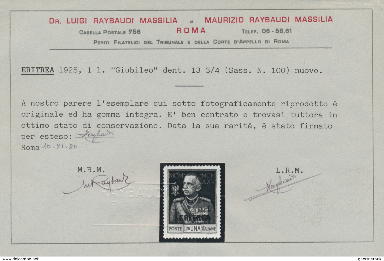 01057 Italienisch-Eritrea: 1925: 1 Lira "Jubilee", Perforated 13 1/2, MNH, Sigend And Certificates A. Dien - Eritrea