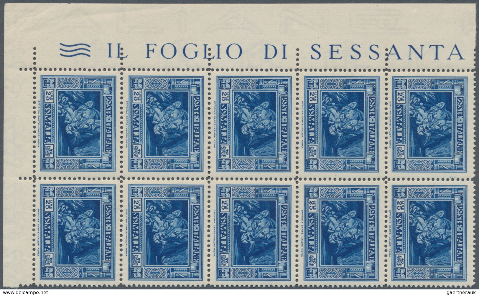01062 Italienisch-Somaliland: 1932, 25 L Blue "lioness", Perforation 14, Corner Block Of 10 With Margin Im - Somalia