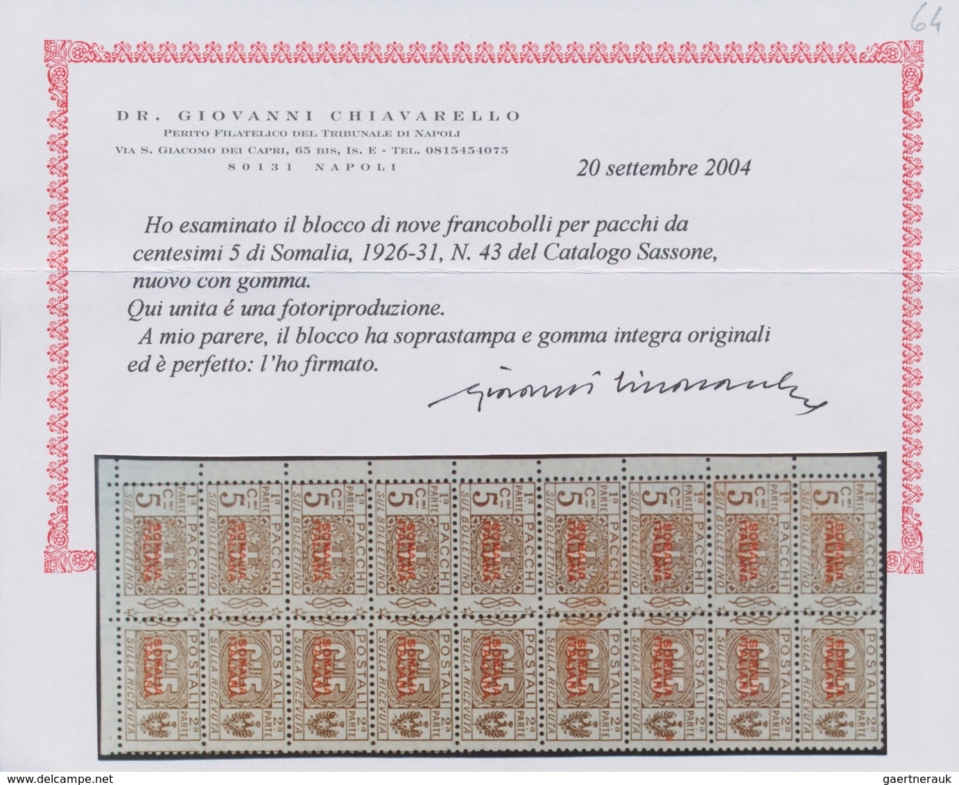 01066 Italienisch-Somaliland - Paketmarken: 1926, Italy Parcel Stamp 5c. Brown With UNISSUED RED Overprint - Somalie