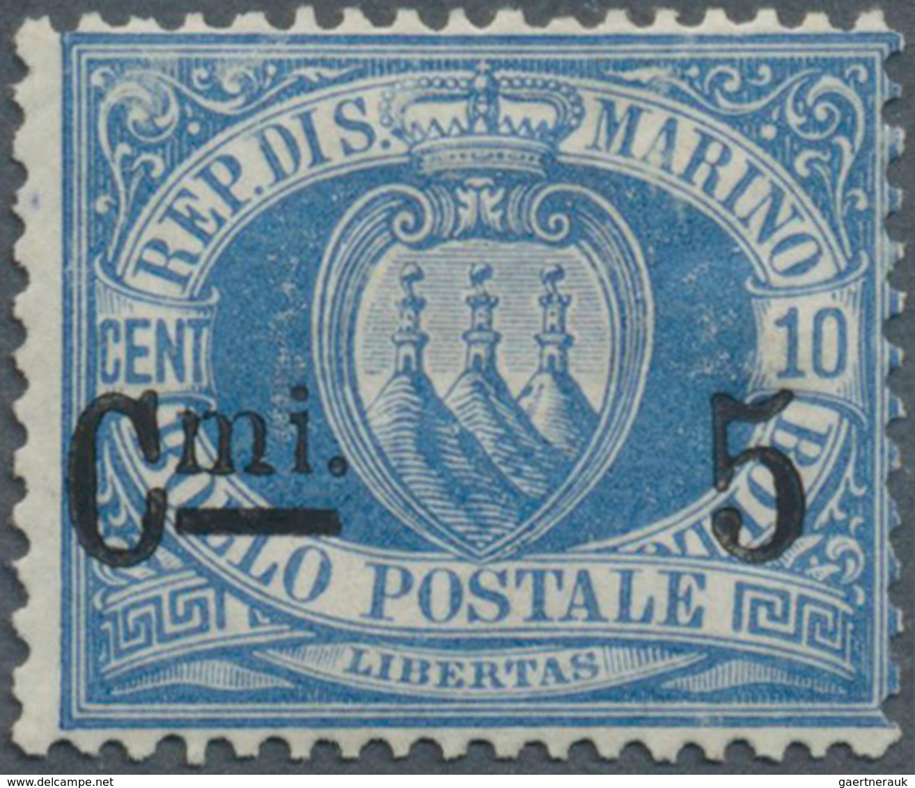 01069 San Marino: 1892, "Cmi 5" On 10 C Ultramarin, Unused With Original Gum In Perfect Condition, Signed - Ongebruikt