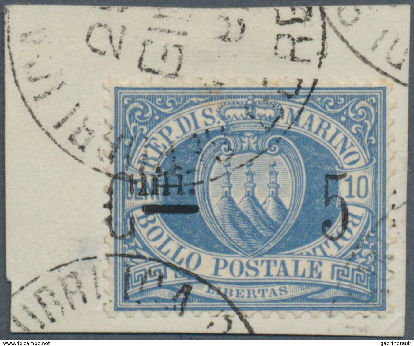 01070 San Marino: 1892, "Cmi 5" On 10 C. Ultramarin With Variety "overprint Shifted To The Left", Tied To - Covers & Documents