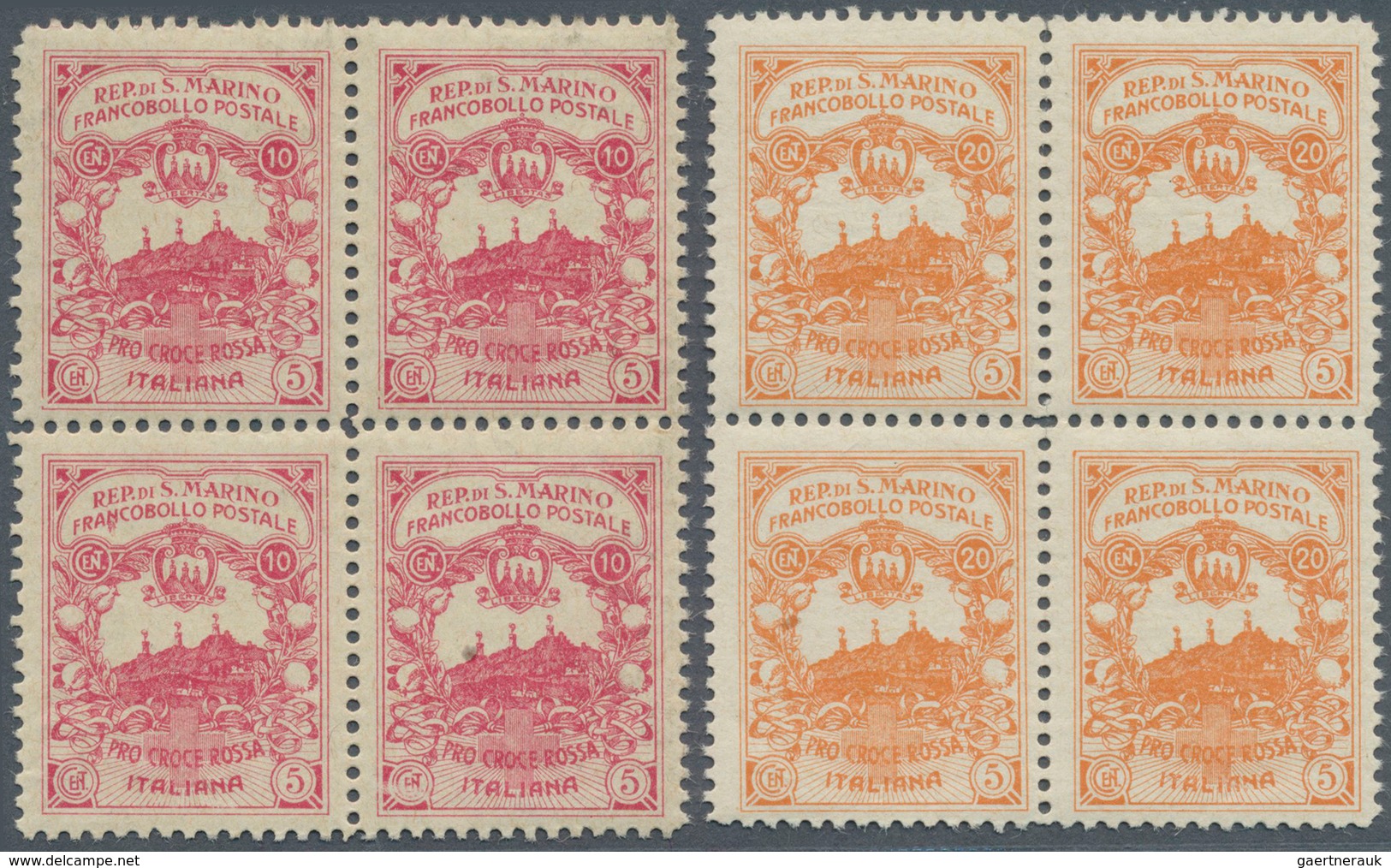 01071 San Marino: 1916, UNISSUED RED CROSS Stamps 'Pro Croce Rossa' 10+5cent. Carmine And 20+5c. Orange Bo - Neufs