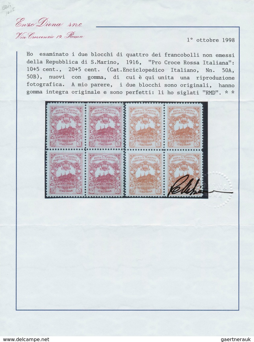 01071 San Marino: 1916, UNISSUED RED CROSS Stamps 'Pro Croce Rossa' 10+5cent. Carmine And 20+5c. Orange Bo - Unused Stamps