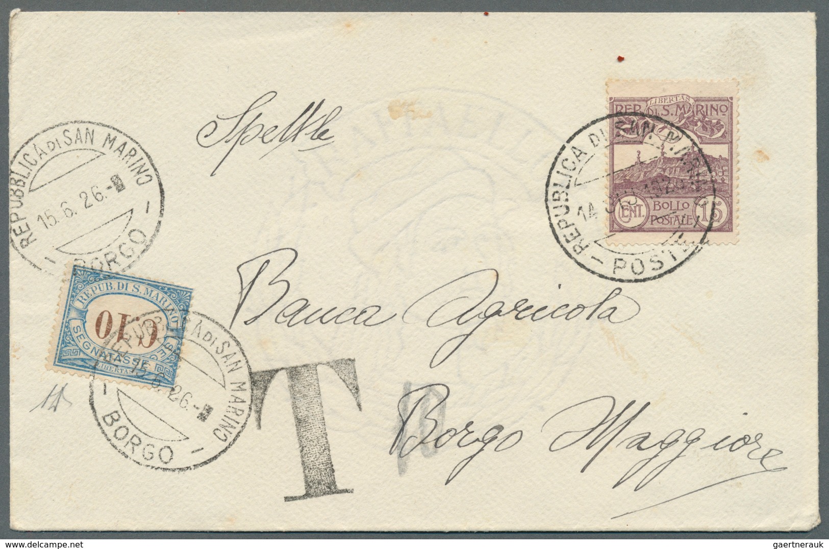 01072 San Marino - Portomarken: 1926 (14 June) Cover Franked With 15c (short Paid By 5c), Used Locally To - Postage Due