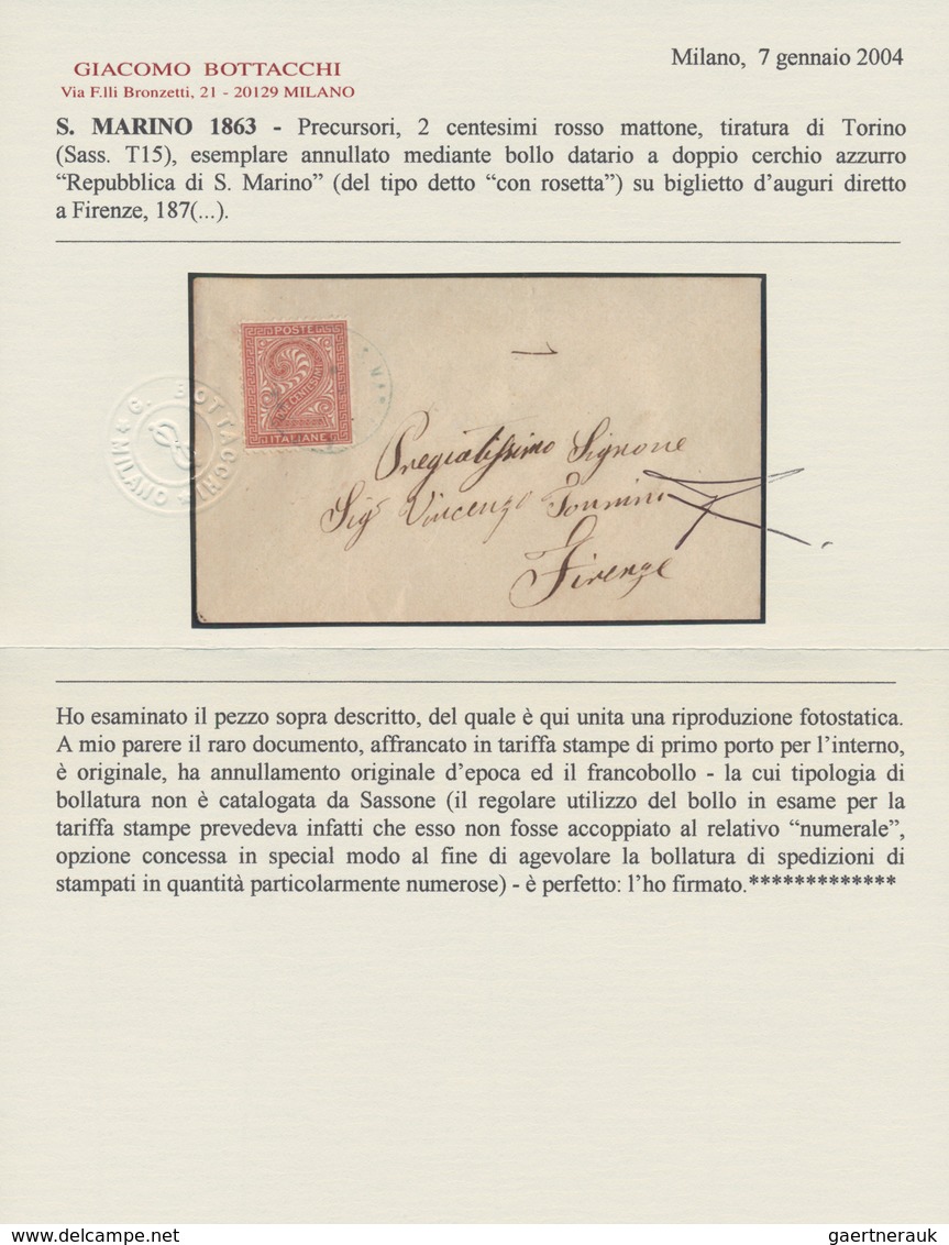 01073 San Marino - Stempel: 1863: Precursors, 2 Cents Brick Red, Turin Printing, Tied By Blue Double Circl - Covers & Documents