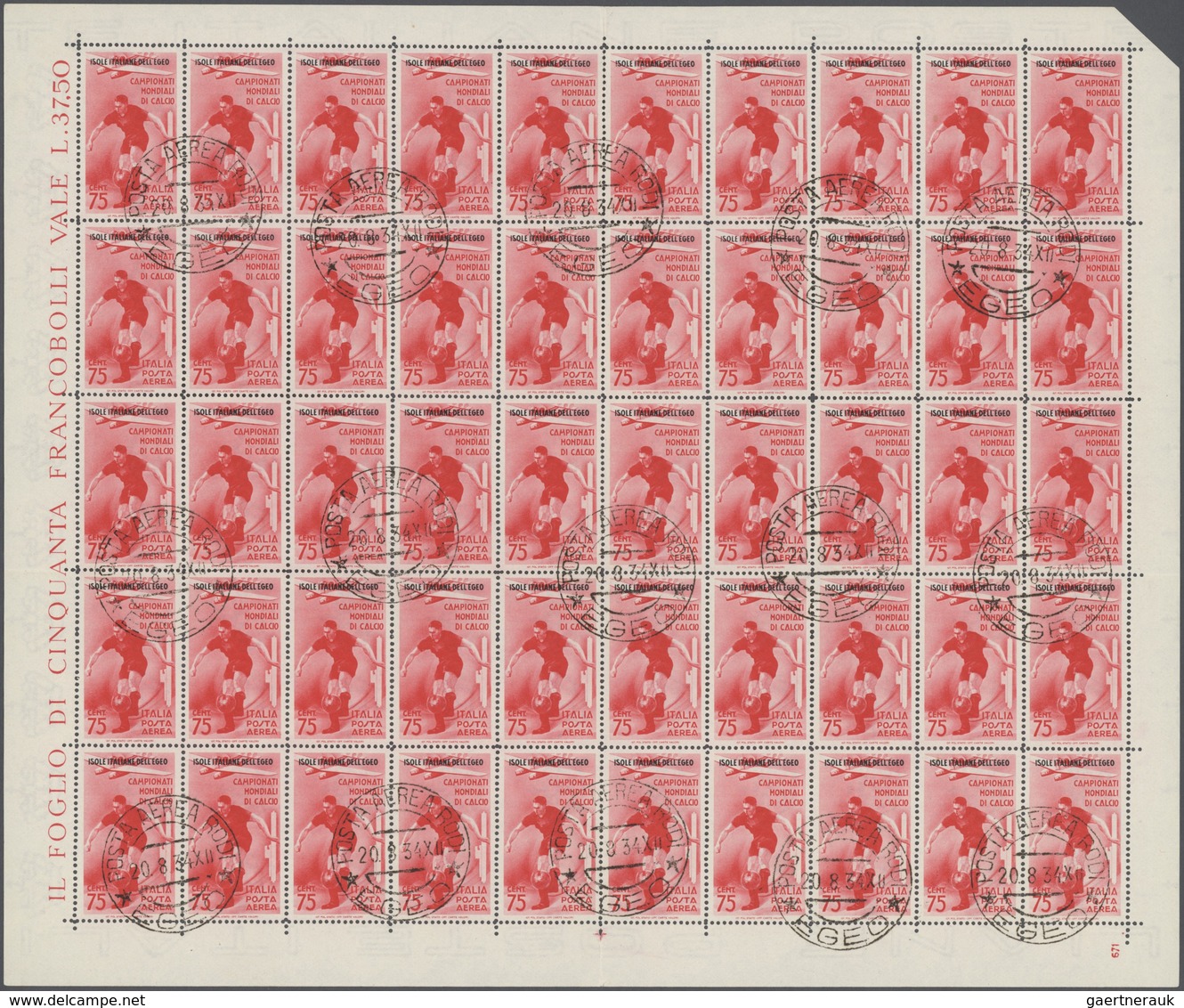 01102 Ägäische Inseln: 1934, Aegean Islands. Lot With 6 Different, Complete Sheets Of 50 Stamps Each: 20c - Ägäis