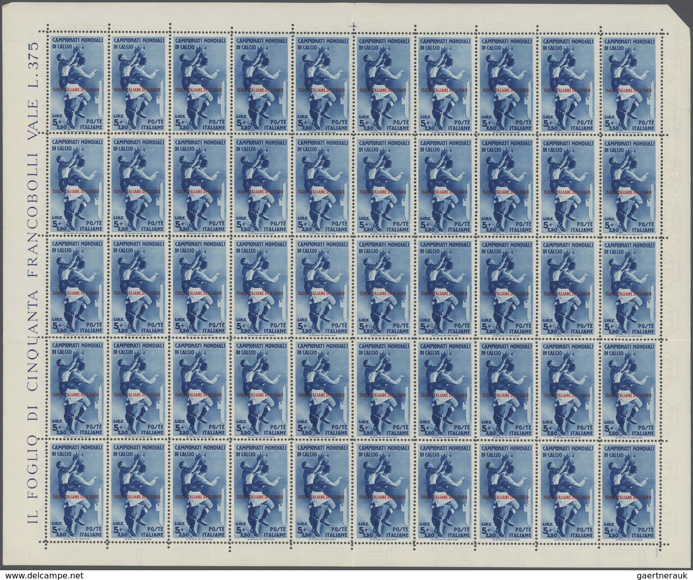 01102 Ägäische Inseln: 1934, Aegean Islands. Lot With 6 Different, Complete Sheets Of 50 Stamps Each: 20c - Egée