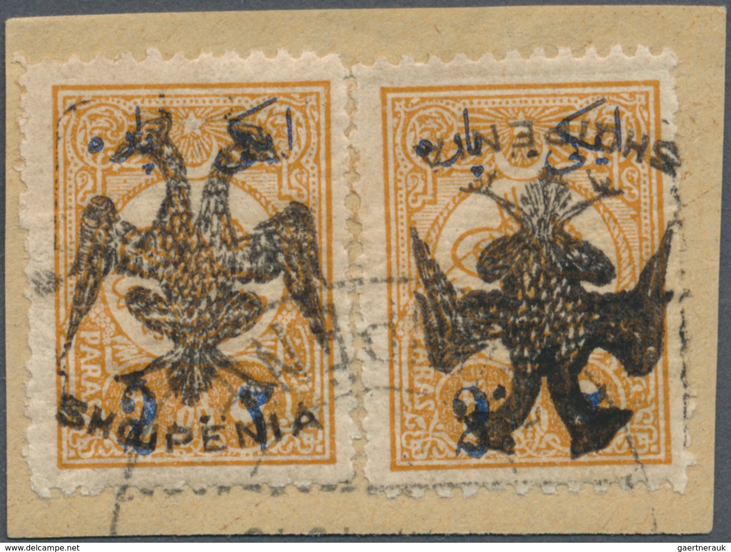 01104 Albanien: 1913, Double Headed Eagle Overprints, 2pa. On 5pa. Ocre, Two Copies Of Fresh Colour And We - Albanië