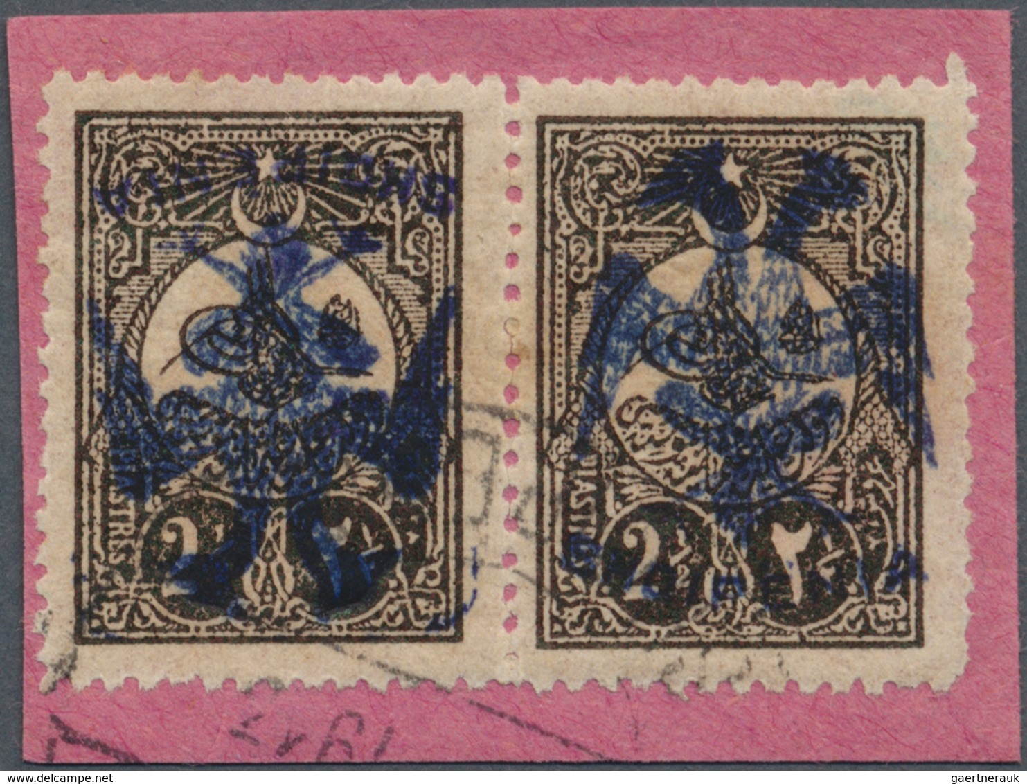 01105 Albanien: 1913, Double Headed Eagle Overprints, 2½pi. Dark Sepia, Horiz. Pair With BLUE Overprint, O - Albanie