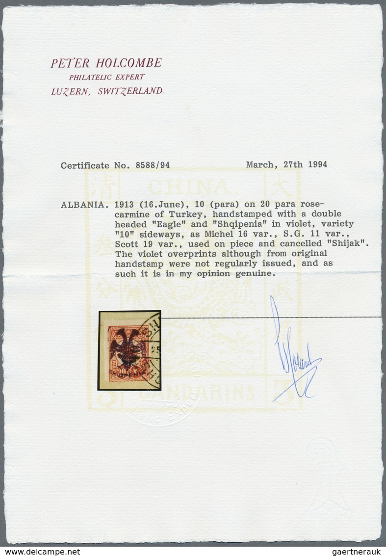 01109 Albanien: 1913, Double Headed Eagle Overprints, 10pa. On 20pa. Rose With VIOLET Eagle Overprint And - Albanië