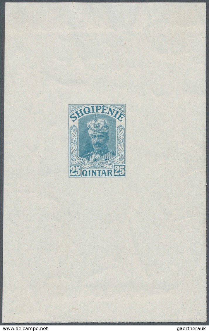 01110 Albanien: 1914. Lot Of 3 Imperforate Single Printings For Unissued Stamp "25 Q Wilhelm" In Blue, Red - Albanie