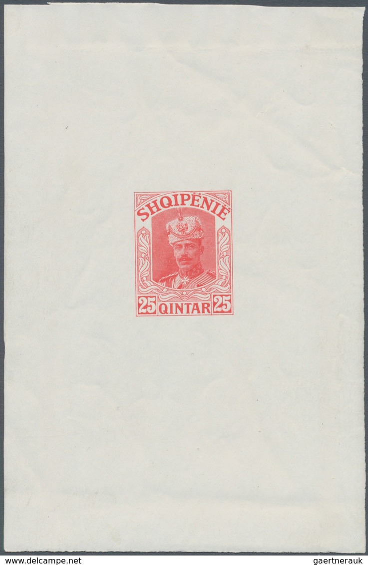 01110 Albanien: 1914. Lot Of 3 Imperforate Single Printings For Unissued Stamp "25 Q Wilhelm" In Blue, Red - Albanië