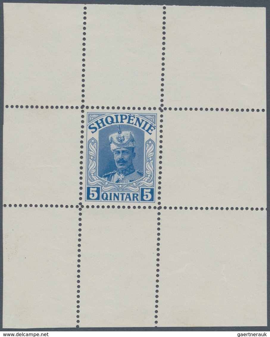 01111 Albanien: 1914. Lot Of 3 Perforated Single Printings For Unissued Stamp "5 Q Wilhelm" In Blue, Green - Albania