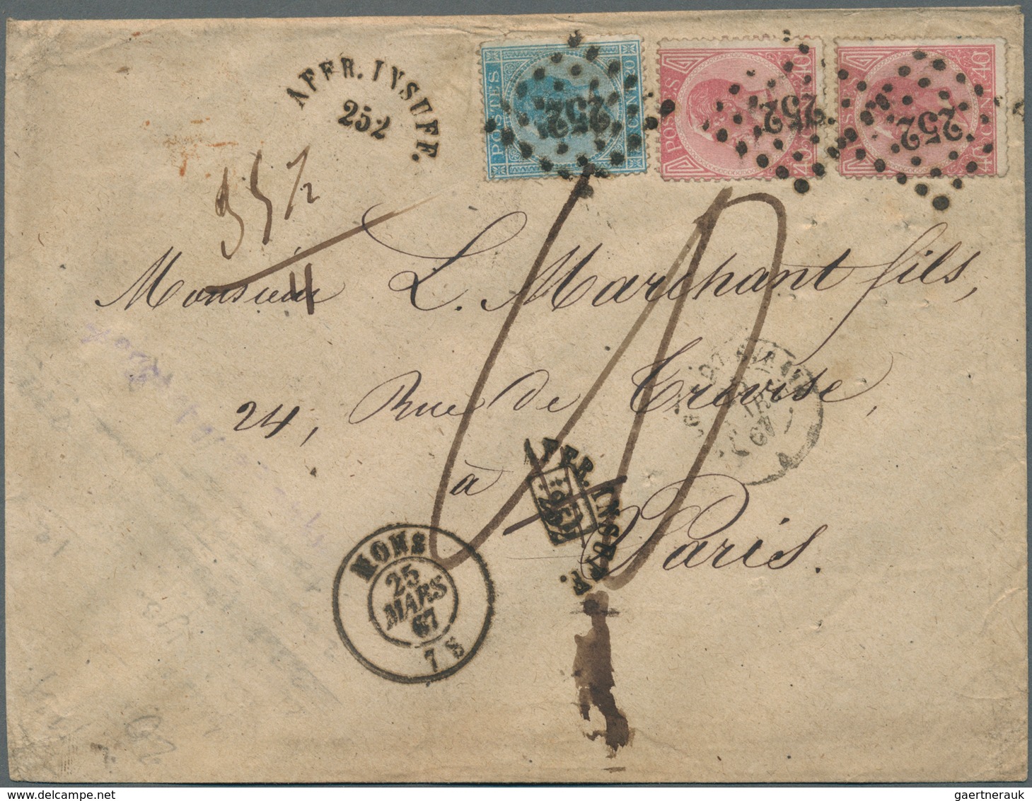 01113 Belgien: 1867. Envelope Addressed To France Bearing Yvert 18, 20c Ultramarine And Yvert 20, 40c Rose - Otros & Sin Clasificación