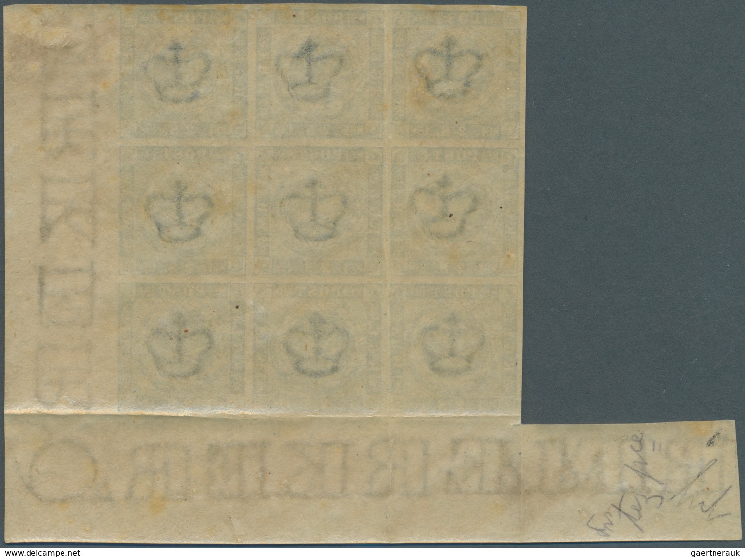 01119 Dänemark: 1855 2s. Blue, Imperforated, Dotted Spandrels, Bottom Right CORNER BLOCK OF NINE, MINT NEV - Covers & Documents