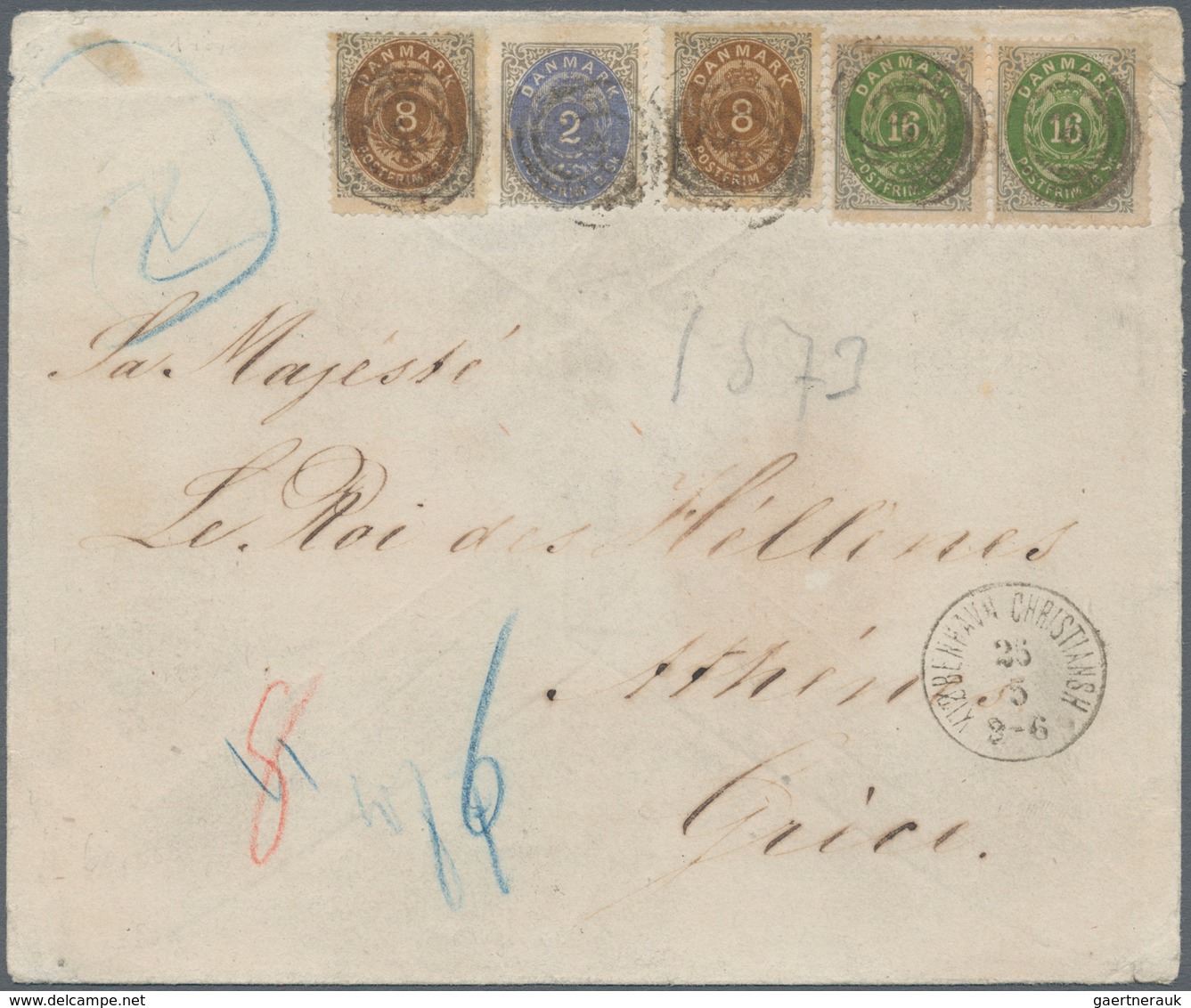 01120 Dänemark: 1873, 2 Sk Ultramarine/grey, 2 X 8 Sk Brown/grey And Horizontal Pair 16 Sk Green/grey, Eac - Covers & Documents