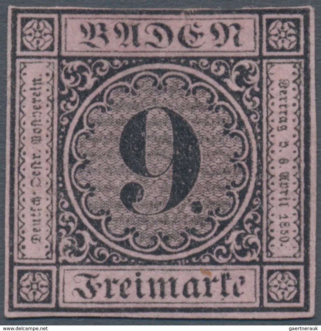 01126 Baden - Marken Und Briefe: 1851, Eine UNGEBRAUCHTE 9 Kreuzer Schwarz Auf Altrosa, Erste Auflage Auf - Autres & Non Classés