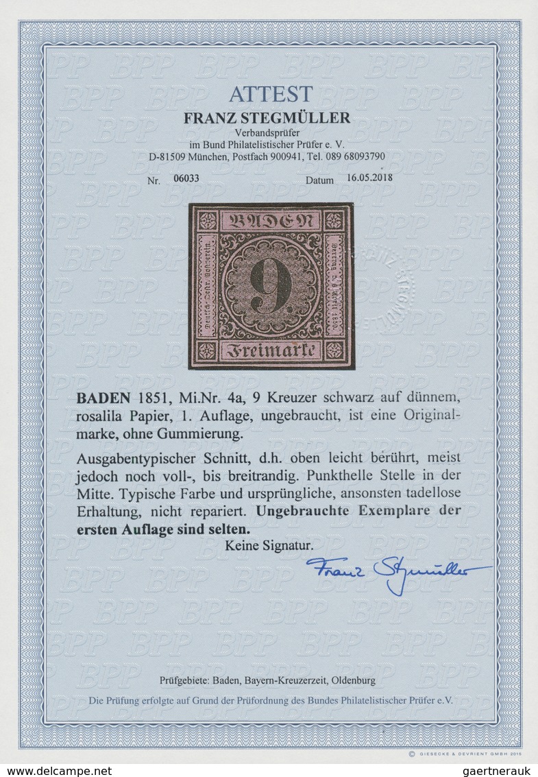 01126 Baden - Marken Und Briefe: 1851, Eine UNGEBRAUCHTE 9 Kreuzer Schwarz Auf Altrosa, Erste Auflage Auf - Andere & Zonder Classificatie