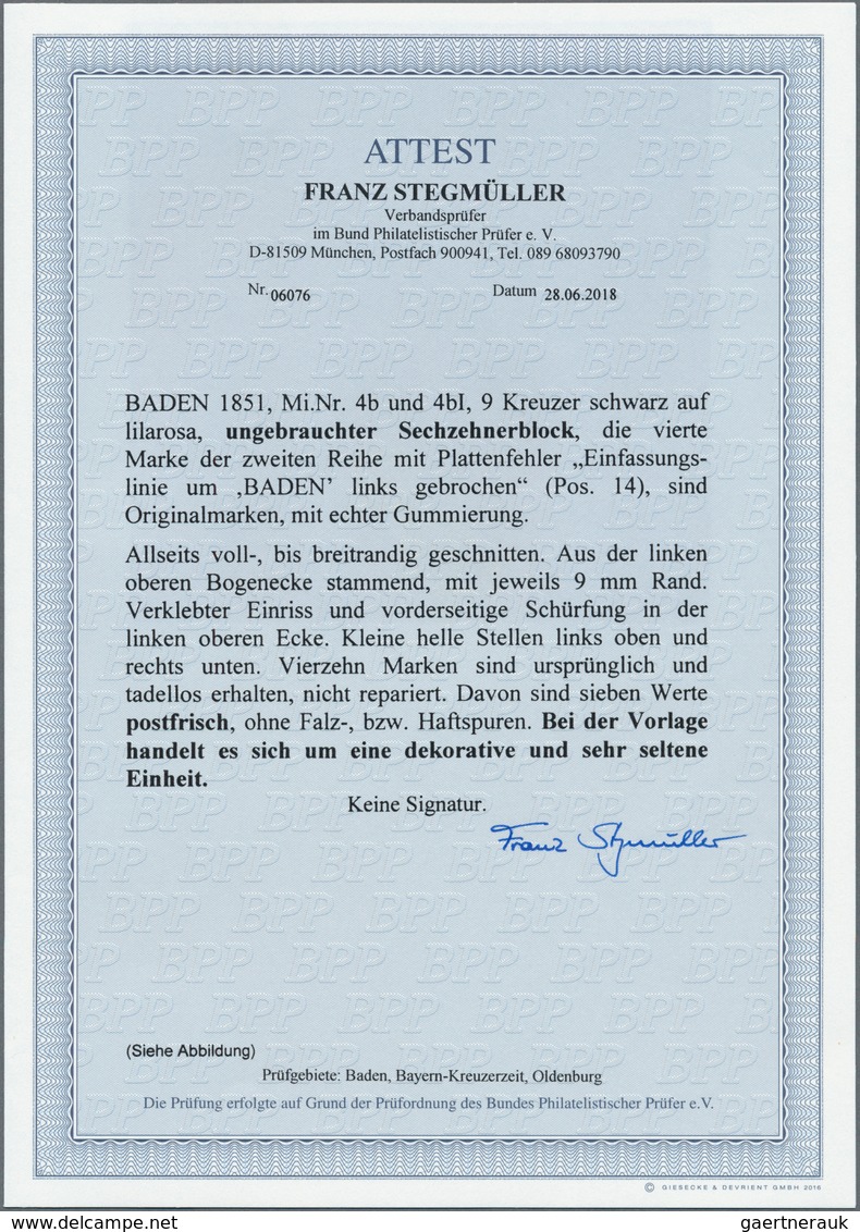 01127 Baden - Marken Und Briefe: 1851, Freimarken 9 Kreuzer Schwarz Auf Lilarosa Im Ungebrauchten Sechzehn - Other & Unclassified