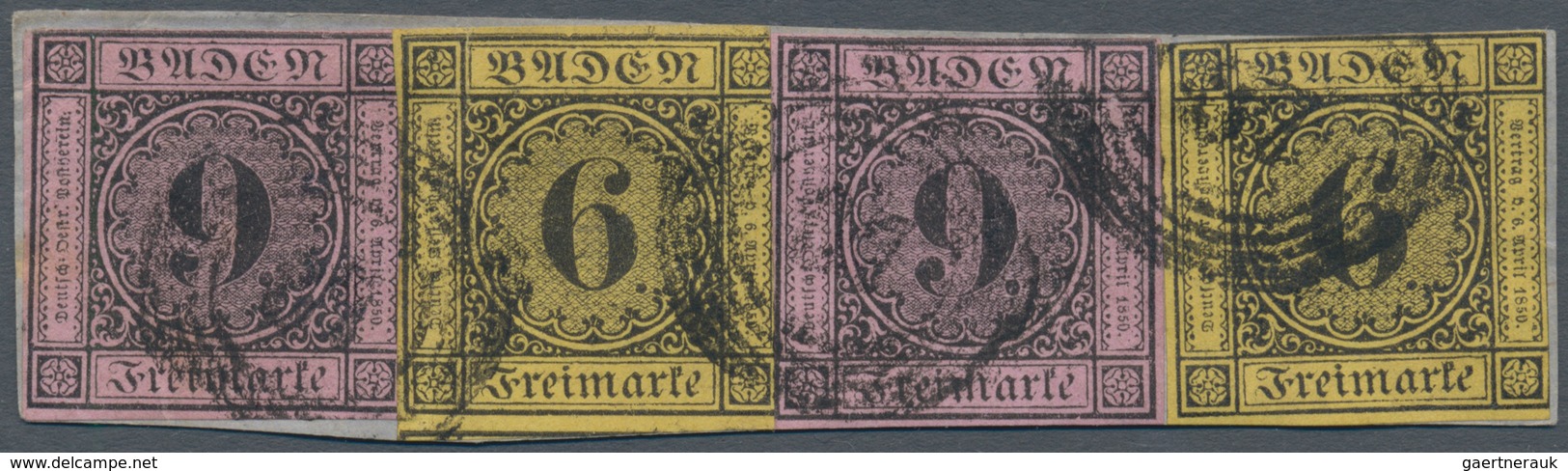 01128 Baden - Marken Und Briefe: 1851, Ziffern 2x 9 Kr. Auf Rosa Und 1853, 2x 6 Kr. Auf Gelb Auf Briefstüc - Andere & Zonder Classificatie