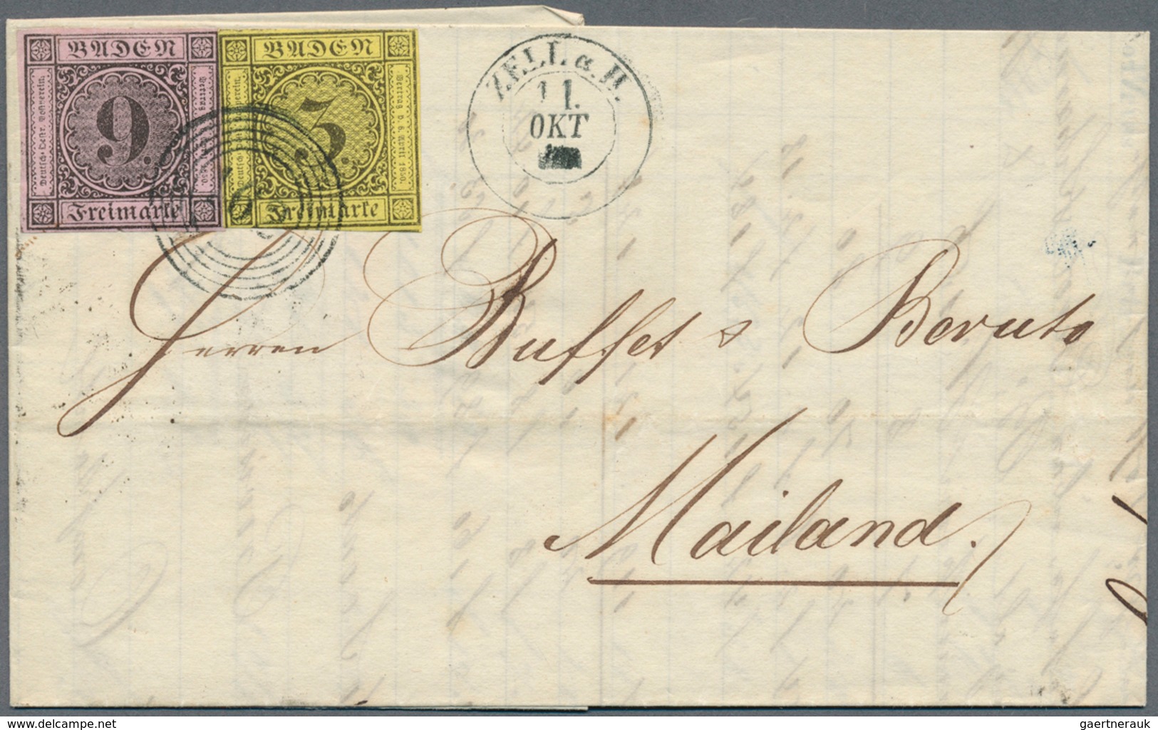 01129 Baden - Marken Und Briefe: 1851, Ziffern 9 Kr. Auf Lilarosa + 3 Kr. Auf Gelb Von "ZELL 11 OKT." über - Andere & Zonder Classificatie