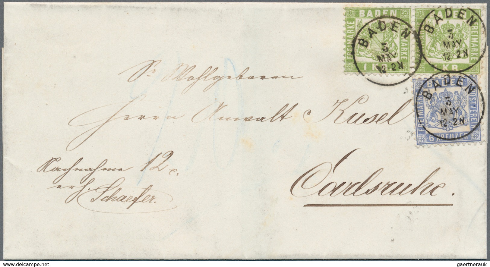 01135 Baden - Marken Und Briefe: 1862/68, Ausgaben-Mischfrankatur 1862 Wappen Auf Weißem Grund 6 Kr. Hellg - Autres & Non Classés