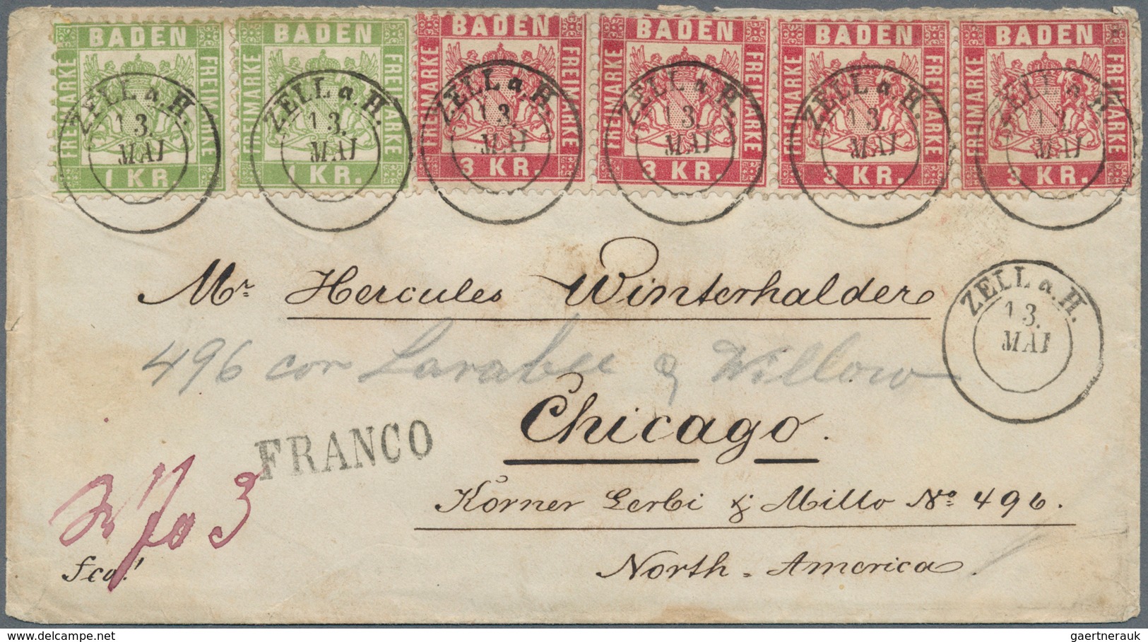 01137 Baden - Marken Und Briefe: 1868, VIERERSTREIFEN 3 Kr. Rot Und 2x 1 Kr. Grün Auf Couvert Von "ZELL 12 - Andere & Zonder Classificatie