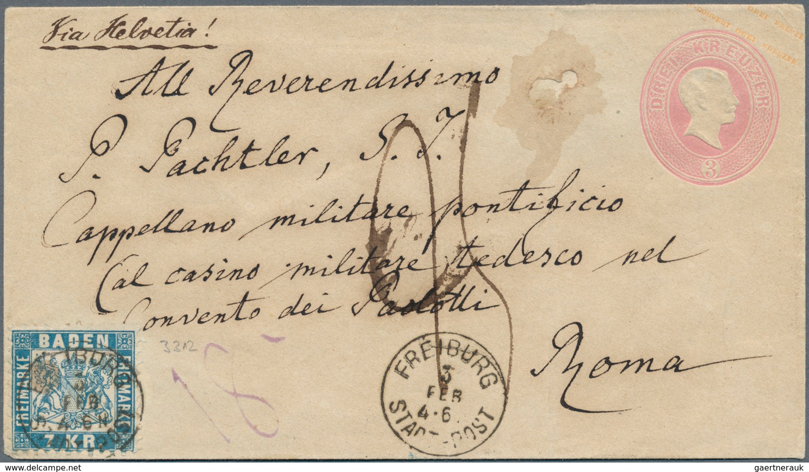 01138 Baden - Marken Und Briefe: 1868, GA-Umschlag 3 Kr.+7 Kr. Freiburg Und Brief 3 Kr.+7 Kr. Heidelberg I - Autres & Non Classés