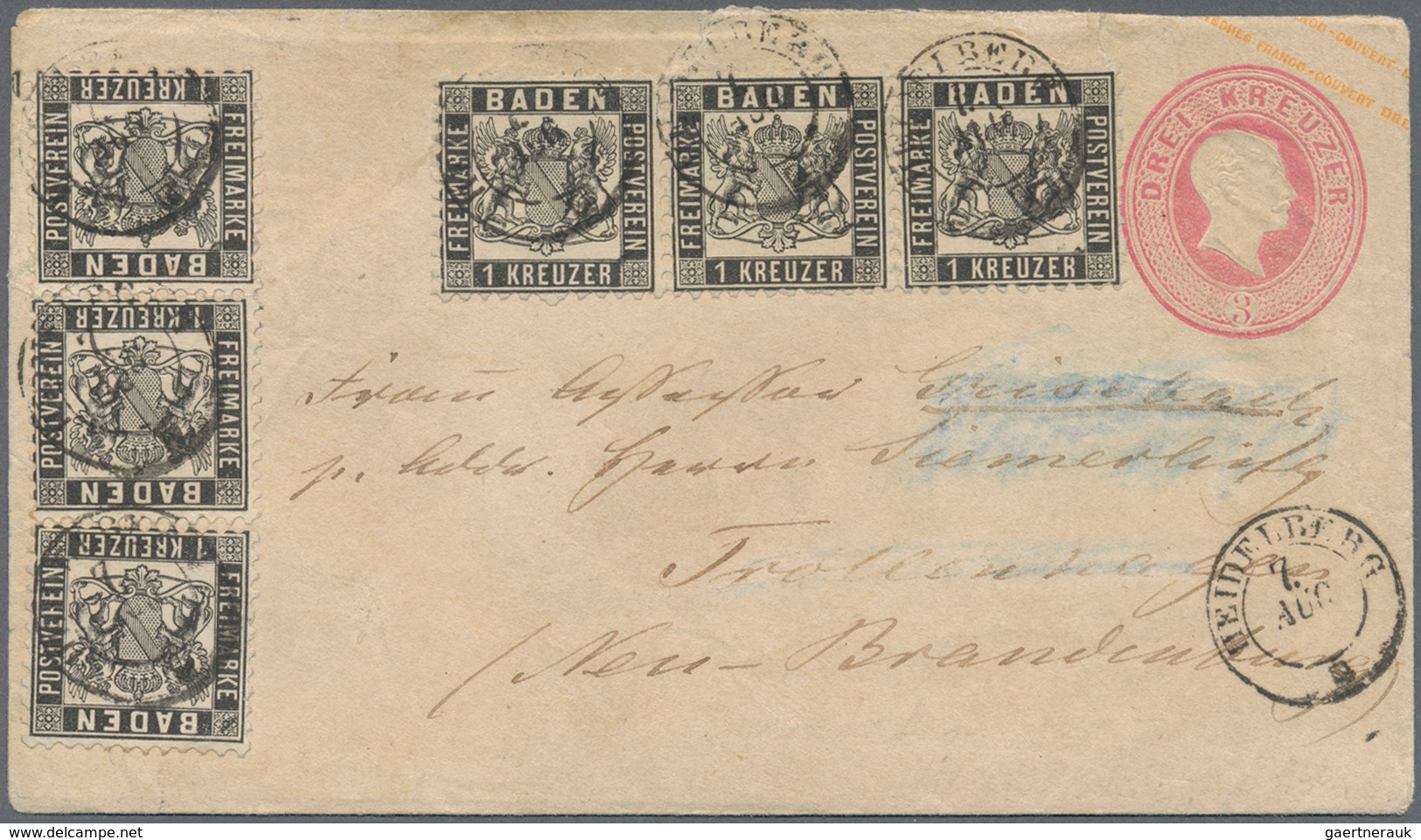 01140 Baden - Ganzsachen: 1864, GA-Umschlag 3 Kr. Rosa Mit ZWEI DREIERSTREIFEN 1 Kr. Schwarz Von "HEIDELBE - Otros & Sin Clasificación