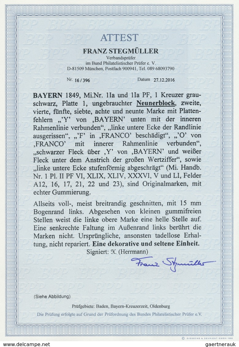 01144 Bayern - Marken Und Briefe: 1849: 1 Kreuzer Grauschwarz, Platte 1, Ungebrauchter Neunerblock Vom Lin - Autres & Non Classés