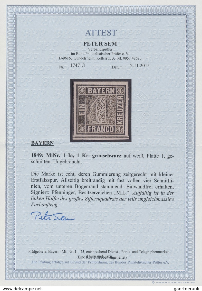 01145 Bayern - Marken Und Briefe: 1849, Schwarzer Einser 1 Kr. Schwarz, Platte 1 Ungebraucht Mit Winziger - Otros & Sin Clasificación