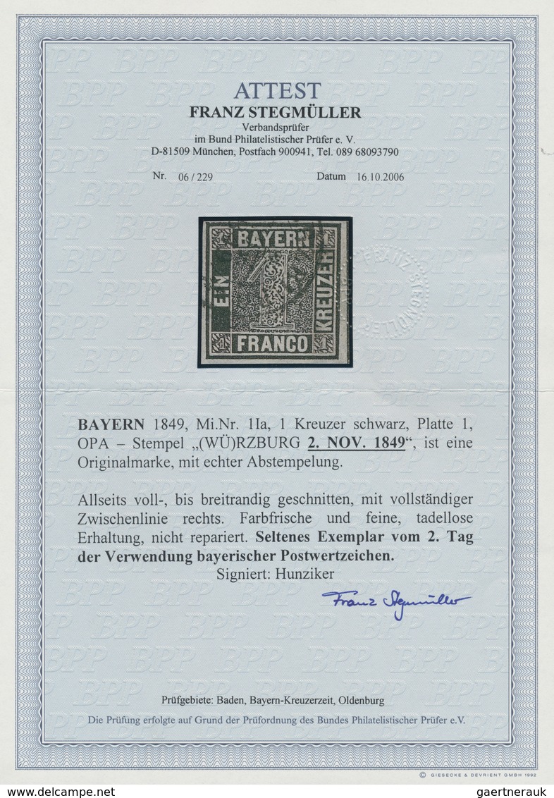 01147 Bayern - Marken Und Briefe: 1849, Bayern Einser 1 Kr. Schwarz Am ZWEITEN VERWENDUNGSTAG "WÜRZBURG 2 - Autres & Non Classés