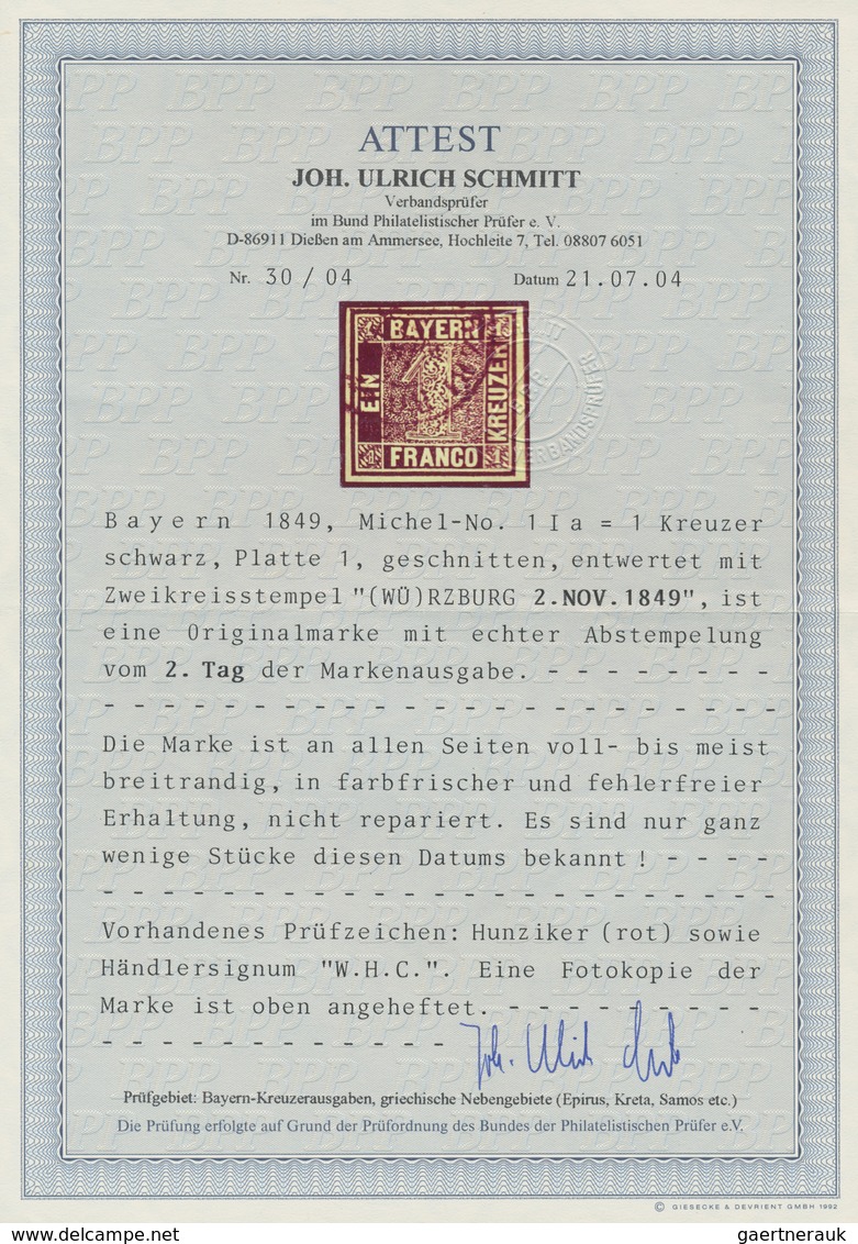 01147 Bayern - Marken Und Briefe: 1849, Bayern Einser 1 Kr. Schwarz Am ZWEITEN VERWENDUNGSTAG "WÜRZBURG 2 - Autres & Non Classés