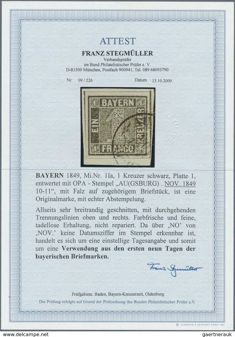 01148 Bayern - Marken Und Briefe: 1849, Schwarzer Einser 1 Kr. Schwarz, Platte 1 Auf Briefstück Mit K2 "AU - Autres & Non Classés