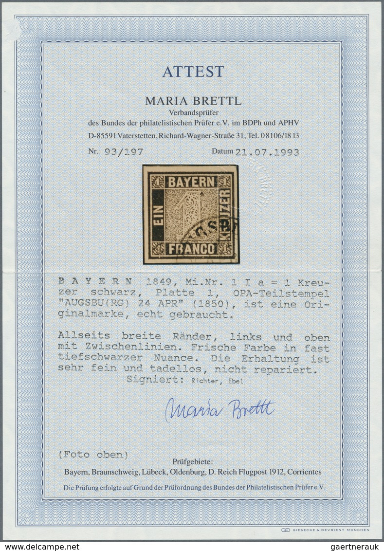 01149 Bayern - Marken Und Briefe: 1849, Schwarzer Einser 1 Kr. Schwarz, Platte 1 Mit K2 "AUGSBURG 24 APR ( - Autres & Non Classés