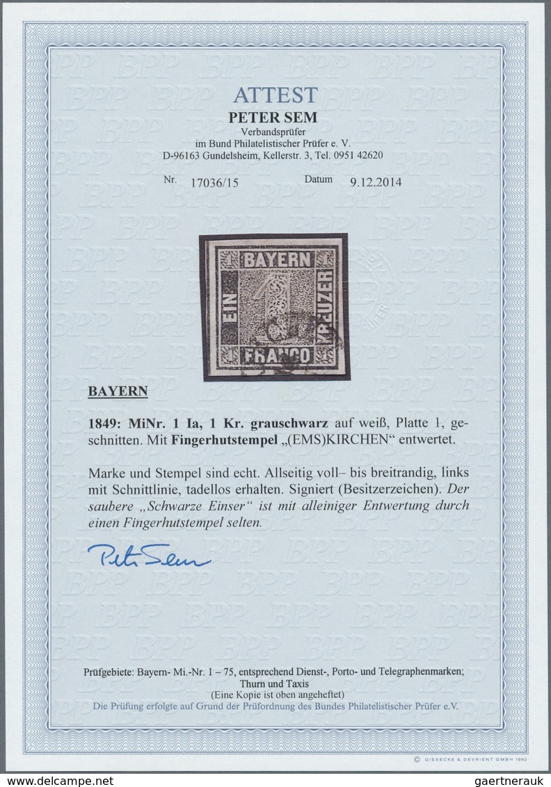 01151 Bayern - Marken Und Briefe: 1849, Schwarzer Einser 1 Kr. Schwarz, Platte 1 Mit Seltenem Fingerhutste - Other & Unclassified
