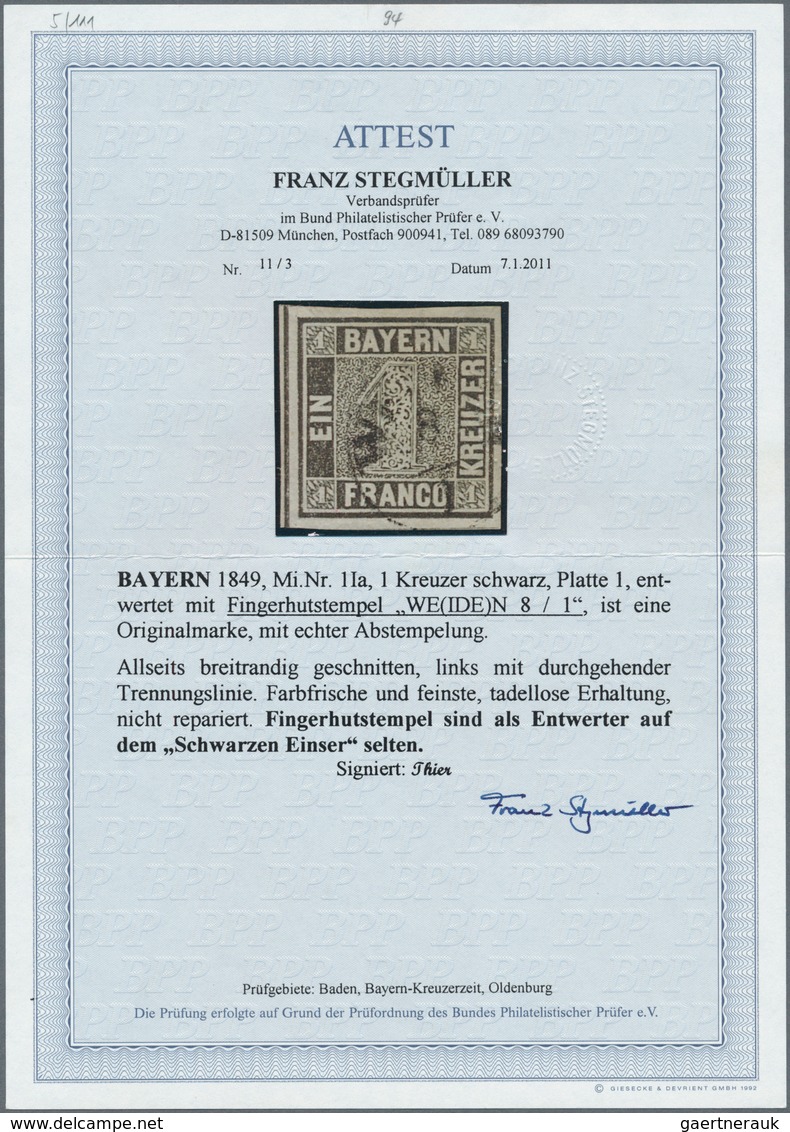01152 Bayern - Marken Und Briefe: 1849, Schwarzer Einser 1 Kr. Schwarz, Platte 1 Mit Zartem Seltenem Finge - Autres & Non Classés