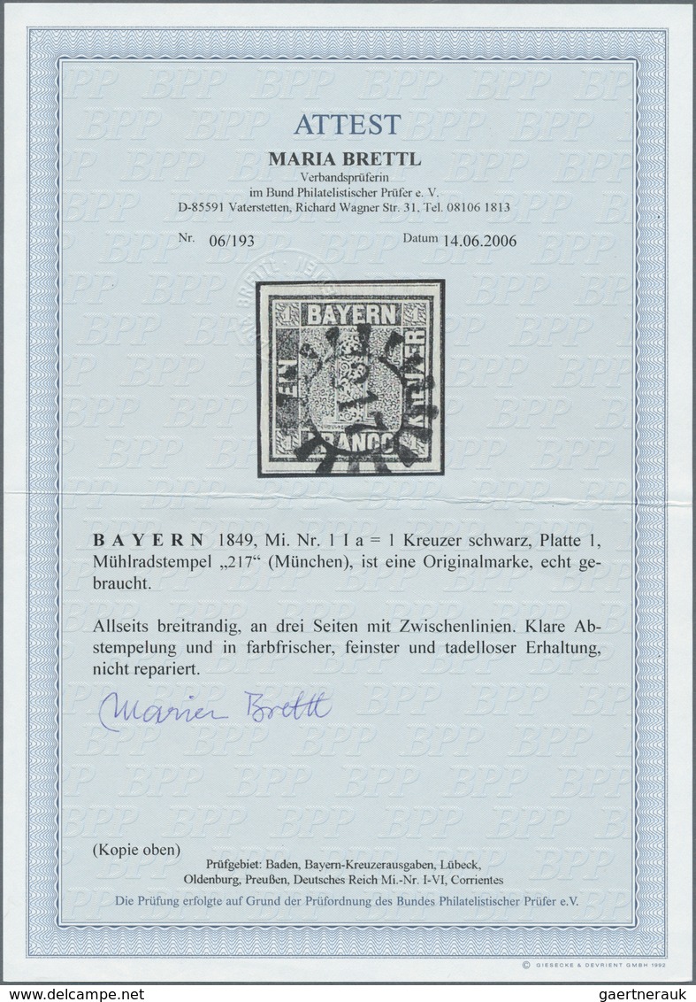 01154 Bayern - Marken Und Briefe: 1849, Schwarzer Einser 1 Kr. Grauschwarz, Platte 1 Mit Zentrischem GMR " - Andere & Zonder Classificatie