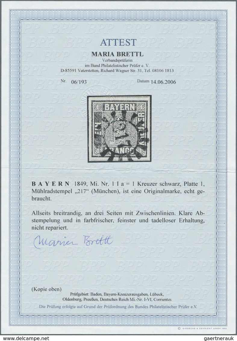 01154 Bayern - Marken Und Briefe: 1849, Schwarzer Einser 1 Kr. Grauschwarz, Platte 1 Mit Zentrischem GMR " - Other & Unclassified