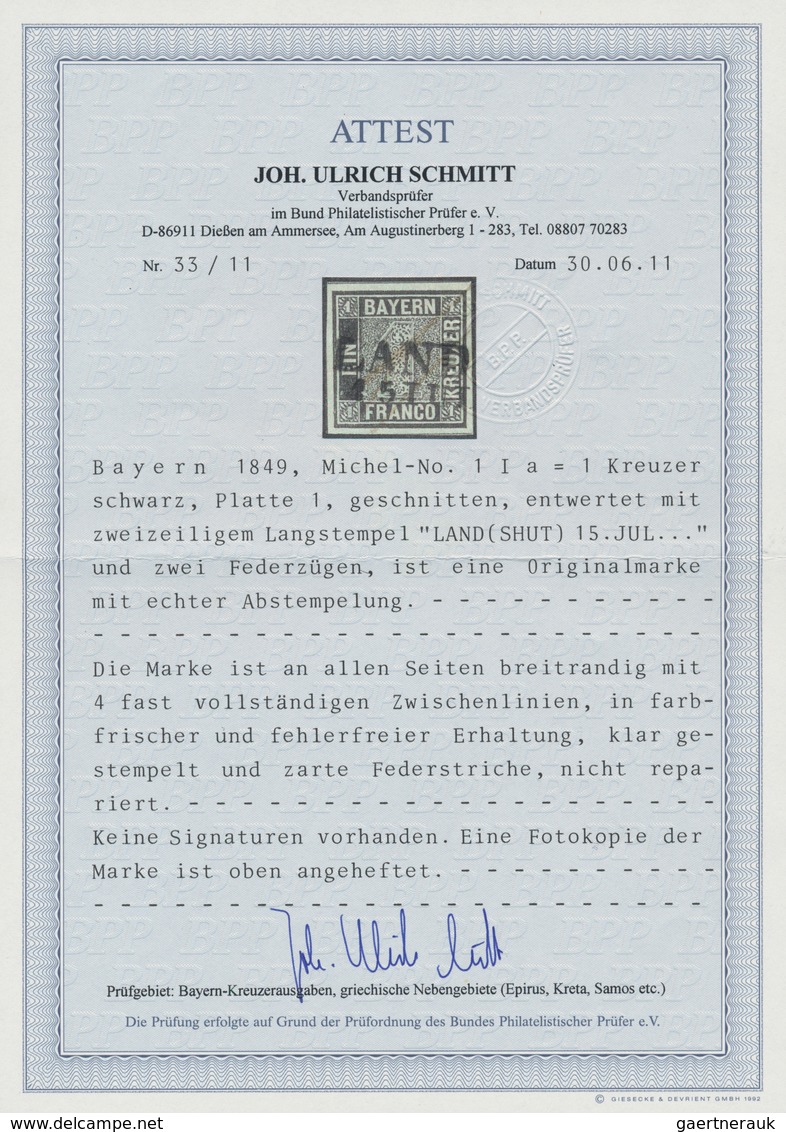 01165 Bayern - Marken Und Briefe: 1849, Schwarzer Einser 1 Kr. Schwarz Platte 1 Mit Klarem L2 "LANDSHUT 15 - Andere & Zonder Classificatie