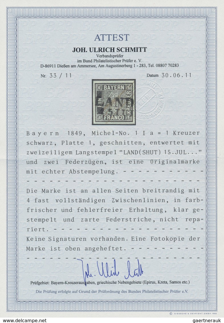 01165 Bayern - Marken Und Briefe: 1849, Schwarzer Einser 1 Kr. Schwarz Platte 1 Mit Klarem L2 "LANDSHUT 15 - Autres & Non Classés
