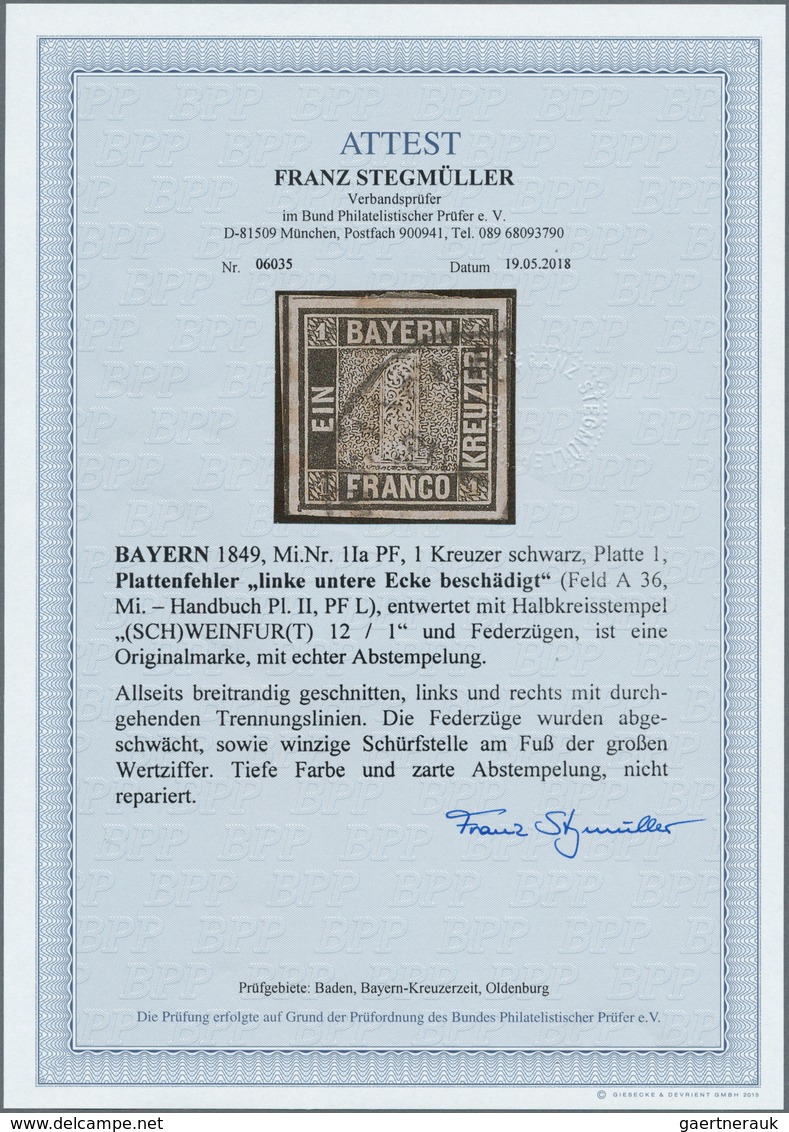 01166 Bayern - Marken Und Briefe: 1849, Schwarzer Einser 1 Kr. Schwarz, Platte 1 Mit Plattenfehler: Linke - Sonstige & Ohne Zuordnung