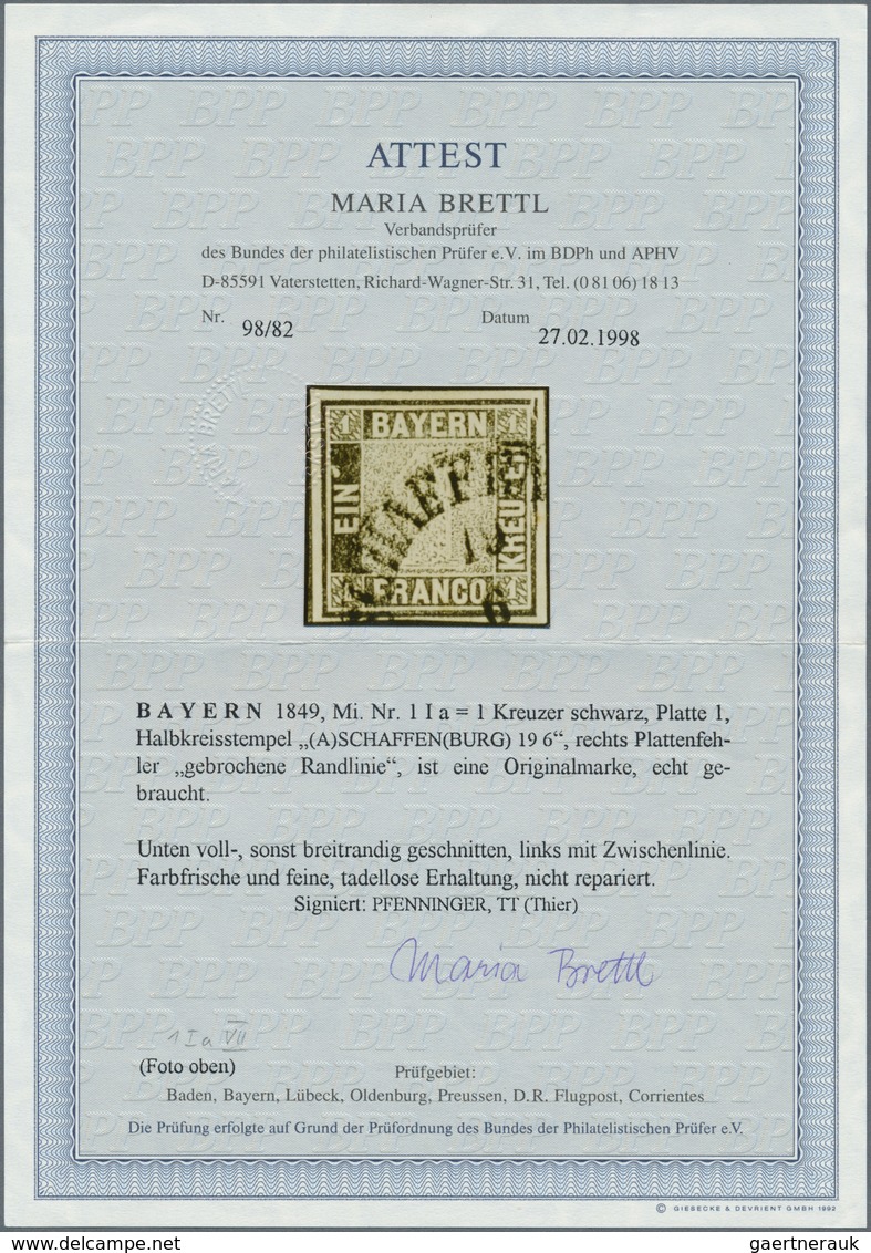 01169 Bayern - Marken Und Briefe: 1849, Schwarzer Einser 1 Kr. Schwarz, Platte 1 Mit Plattenfehler: Randli - Other & Unclassified