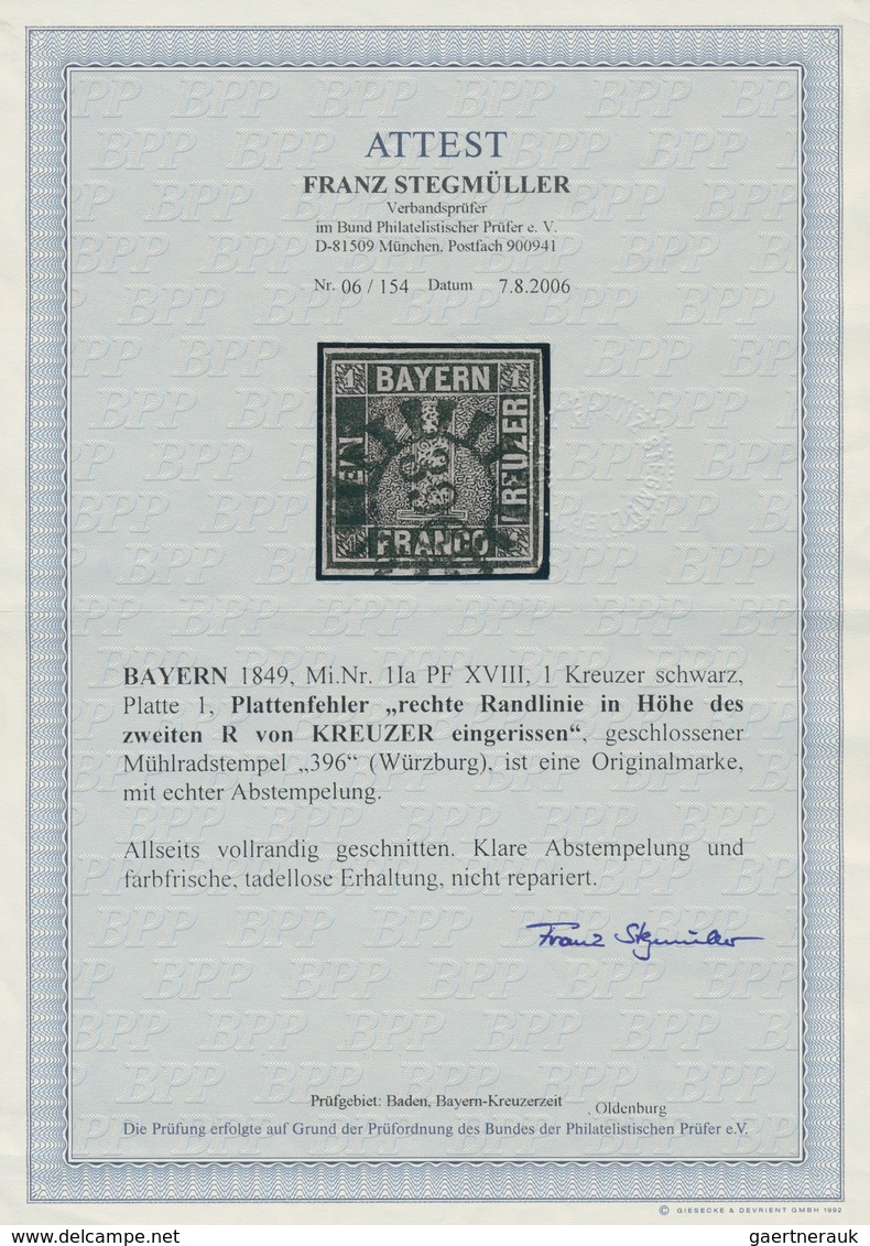 01170 Bayern - Marken Und Briefe: 1849, Schwarzer Einser 1 Kr. Schwarz, Platte 1 Mit Handbuch-Plattenfehle - Other & Unclassified